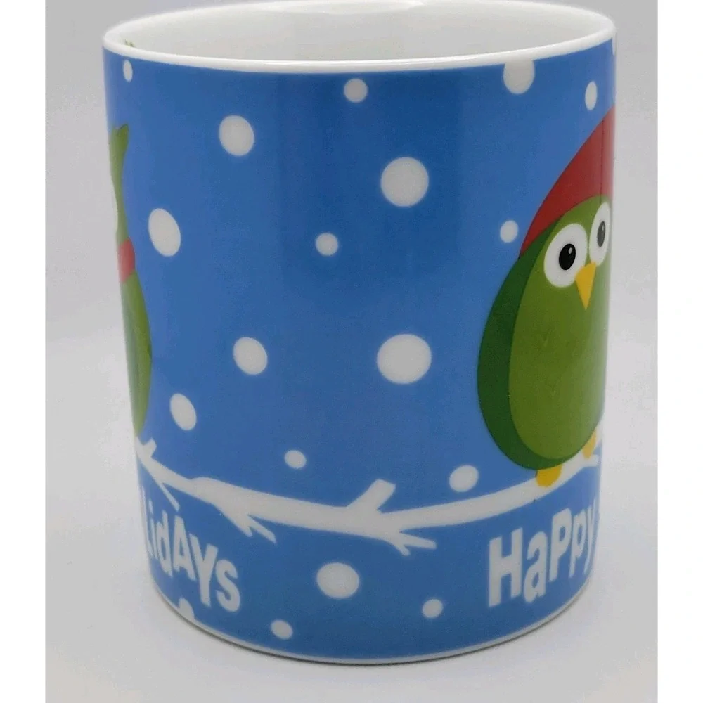 Pier 1 Happy Holidays Stoneware‎ Coffee Mug Blue Owl Christmas Whimsical Cozy